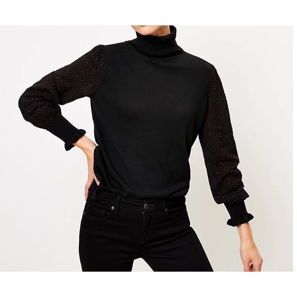 NWT Loft S Wool Blend Mixed Media Puff Sleeve Turtleneck Sweater Dressy Black